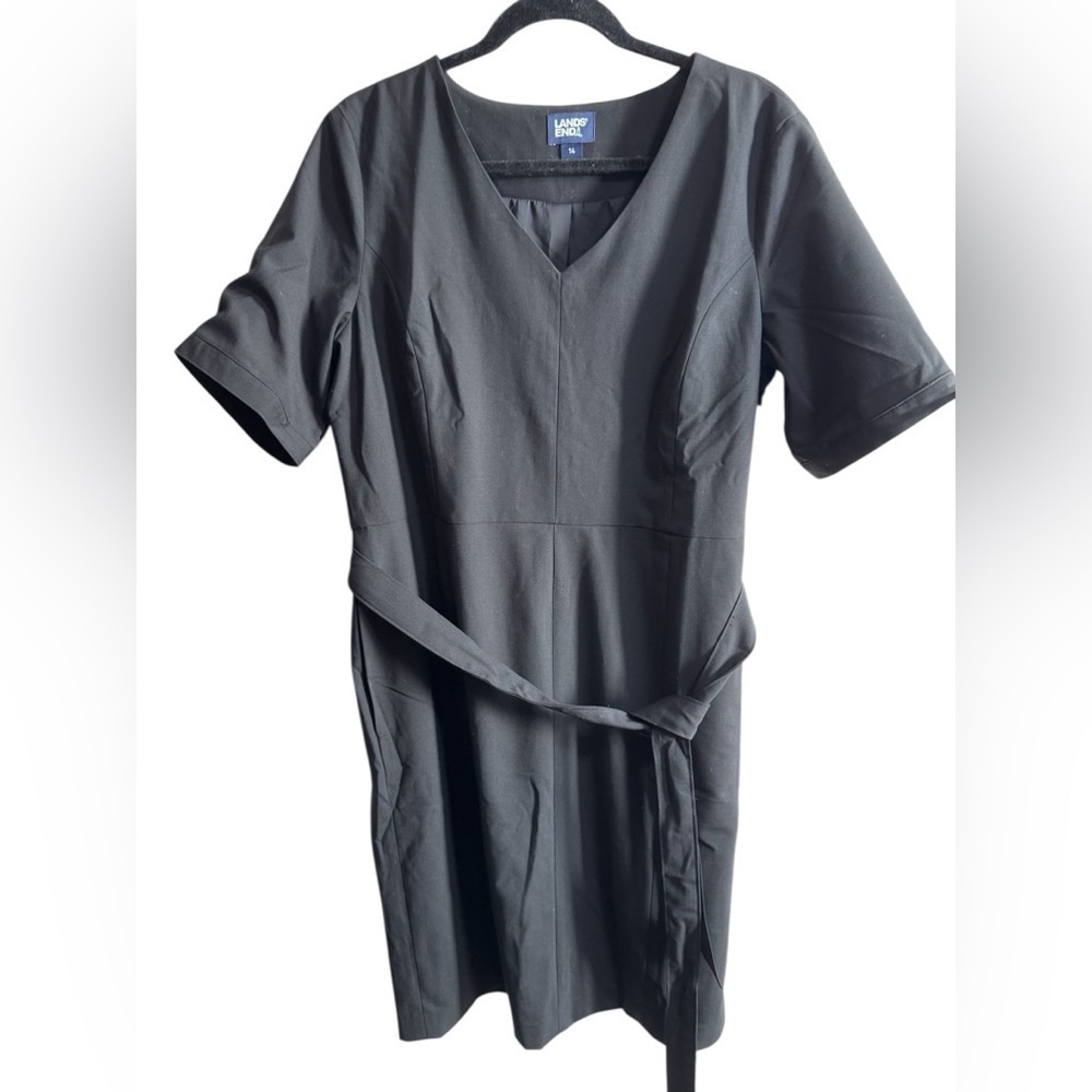 Lands’ End Black Short Sleeve Belted Dress Size 14 Work Office Career